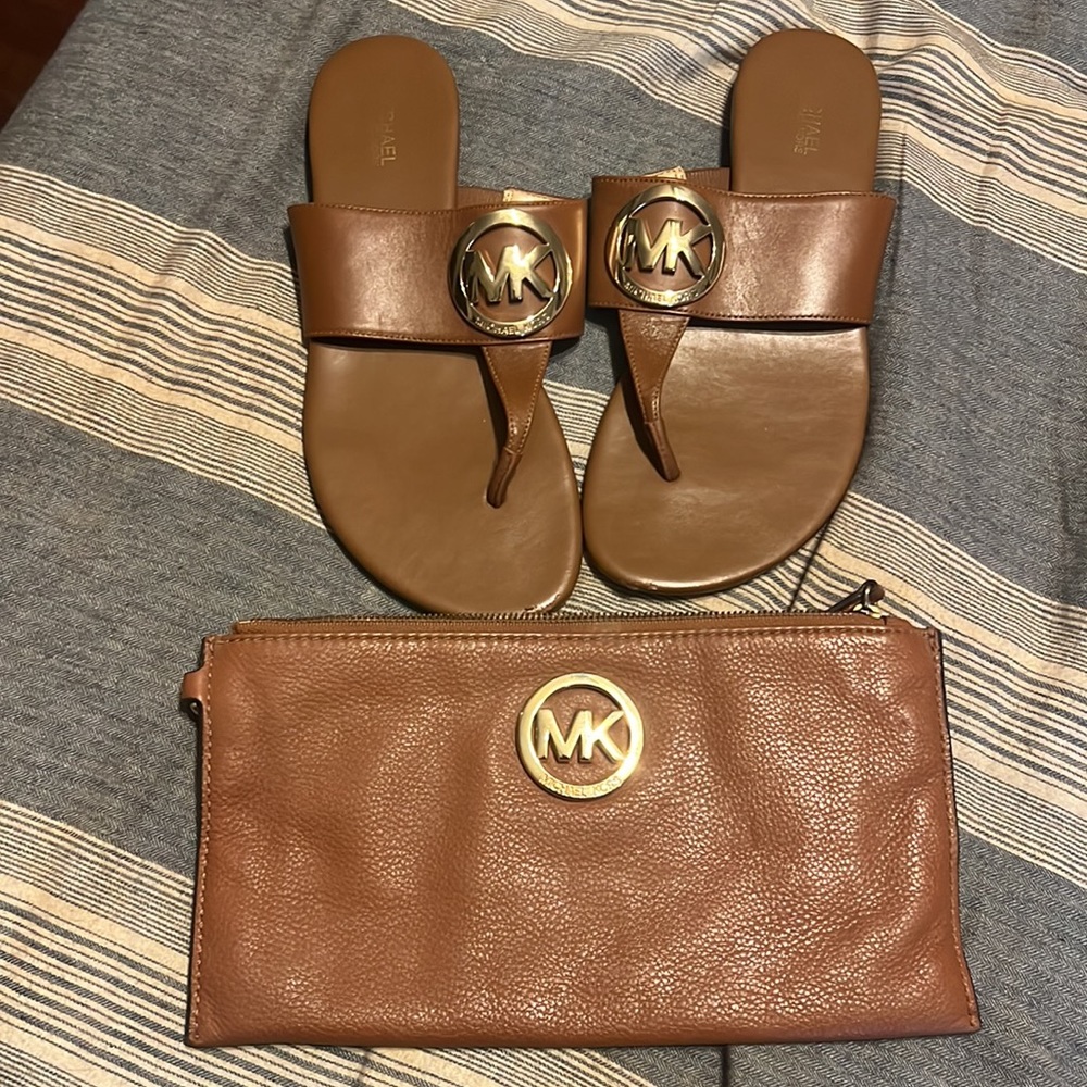 Michael Kors Sandals with Gold Hardware and matching Michael Kors Wristlet